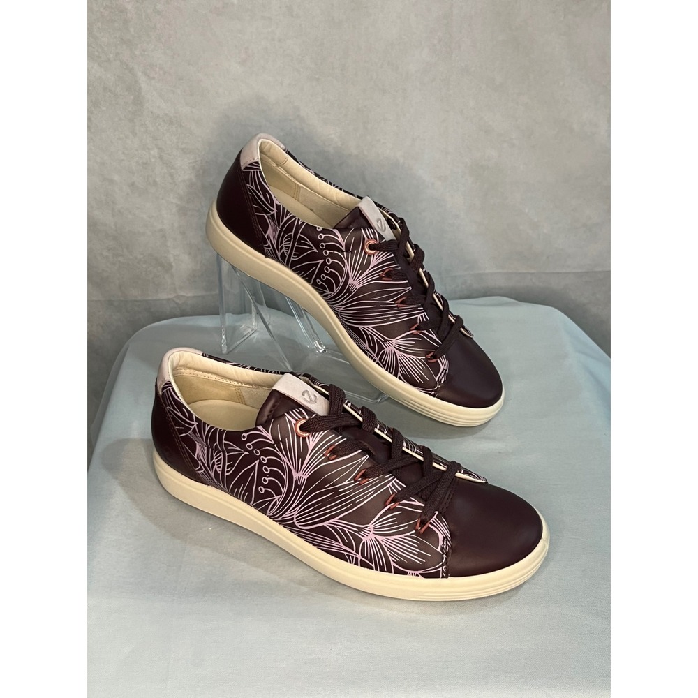 ECCO Soft 7 Floral Leather Sneakers Burgundy Comfort Shoes Womens EU 36 US 5-5.5